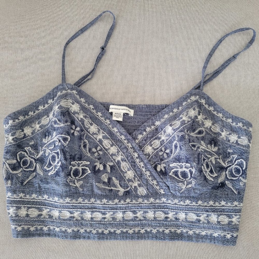 American Eagle Embroidered Chambray Crop Top - Picture 7 of 7